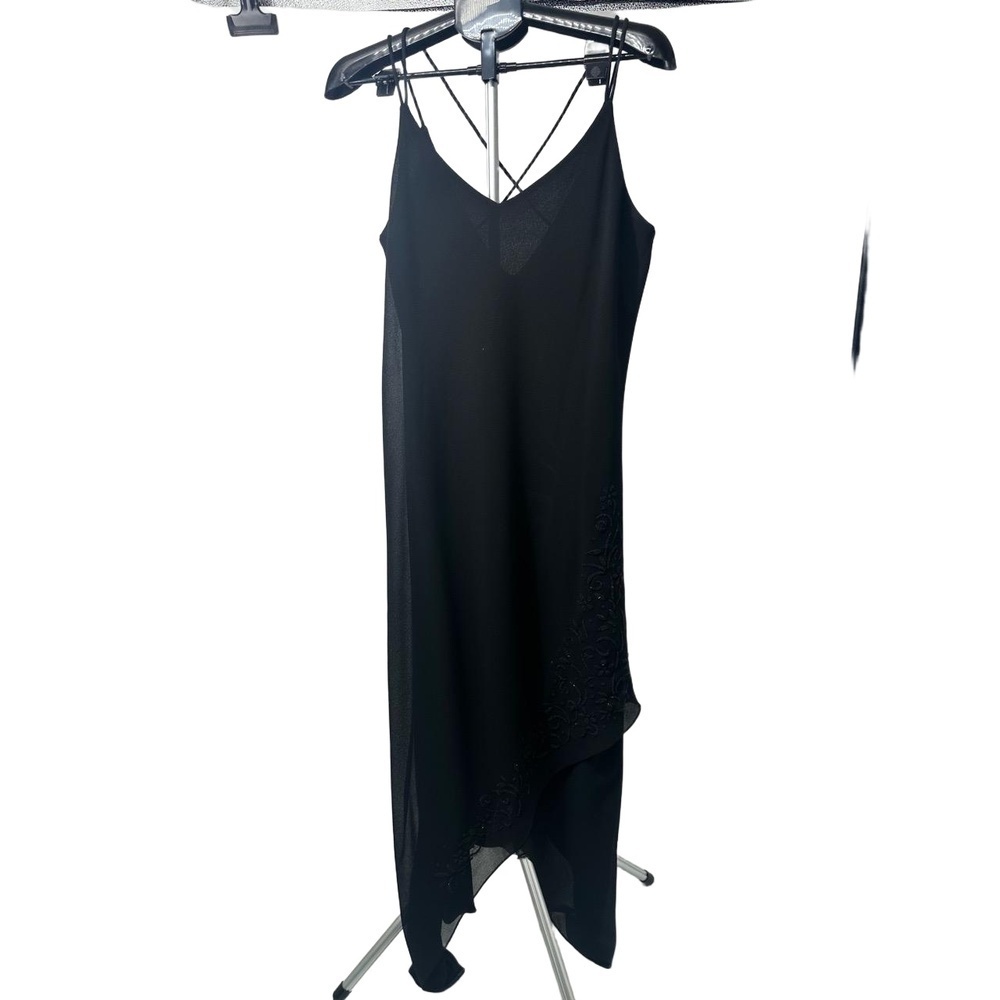 Onyx Nite Black‎ Beaded V Neck Spaghetti Strap Vintage 90s Dress Size 14